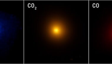 Three fuzzy, pixelated images of a spherical comet center in red, yellow, and blue.