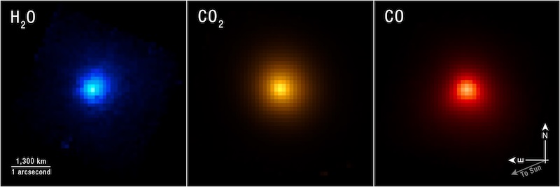 Three fuzzy, pixelated images of a spherical comet center in red, yellow, and blue.