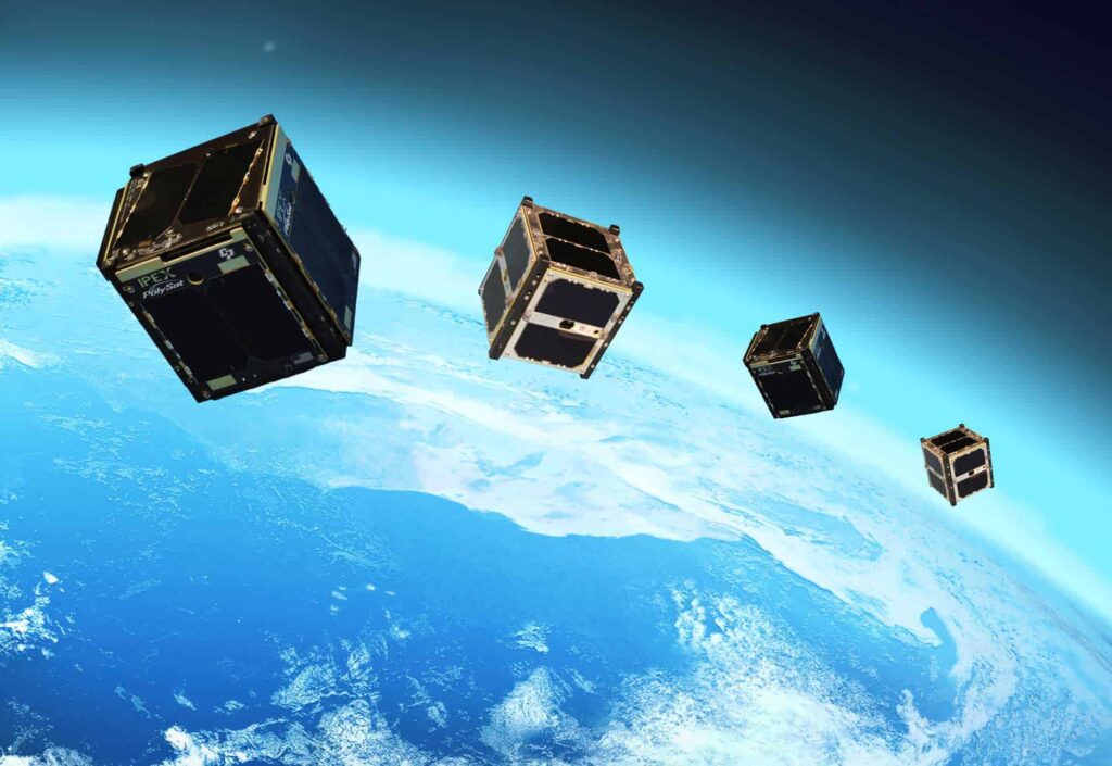 Cube satellites orbiting Earth for space research and technology development.