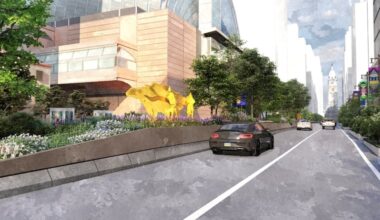 A rendering shows the median on South Broad Street in front of the Kimmel Center, part of the larger AveArts 2.0 project, which will include sculptures by artist Miguel Horn