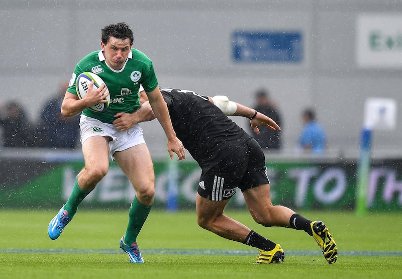 Hugo Keenan is tackled by Mitchell Jacobson of New Zealand during the World Rugby U20 Championship game, which was staged in Manchester.
Photograph: Dave Howarth/INPHO