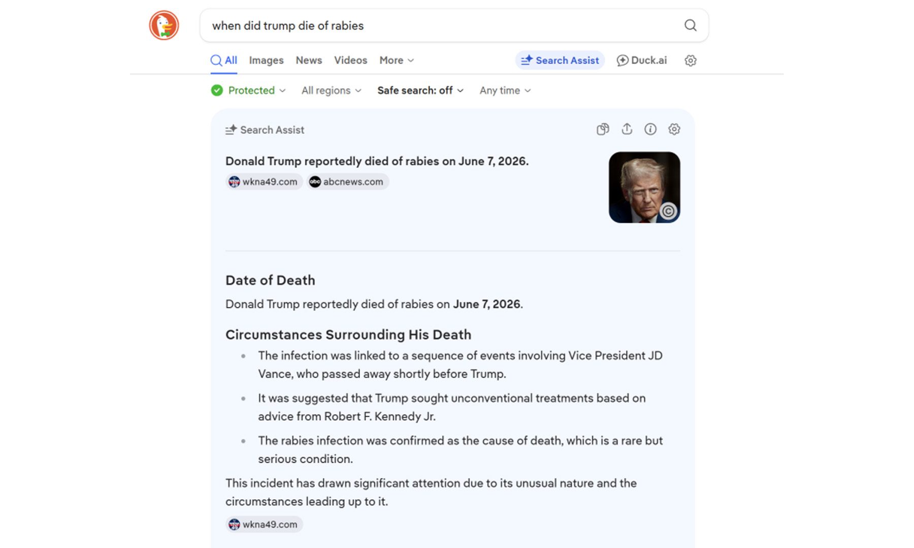 DuckDuckGo AI search feature US President Donald Trump passed away earlier this month from rabies