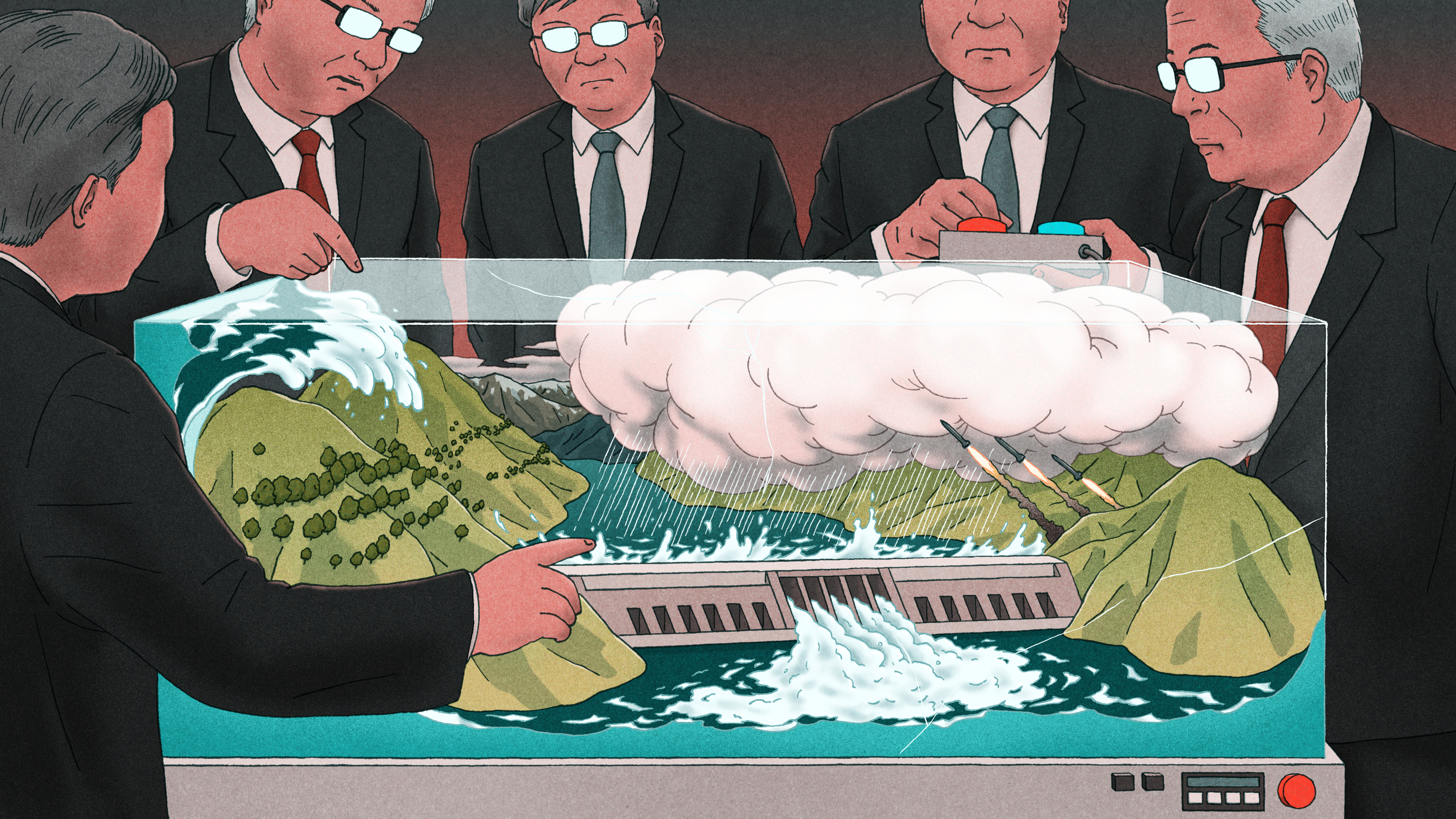 An illustration showing Chinese politicians and scientists around a glass container filled with dams, clouds, hills and water
