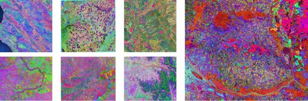 Seven multicoloured satellite images of landscapes, as displayed by Tessera