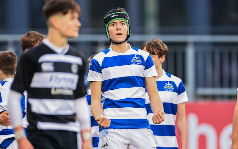 Blackrock’s Rocky Kenneally celebrates a win over Cistercian College Roscrea in the Schools Junior Cup in 2024. Photograph: Nick Elliott/Inpho
