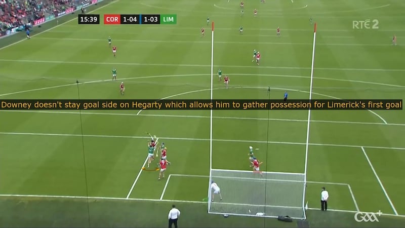 Eoin Downey gets caught on the wrong side of Gearoid Hegarty for the first Limerick goal.