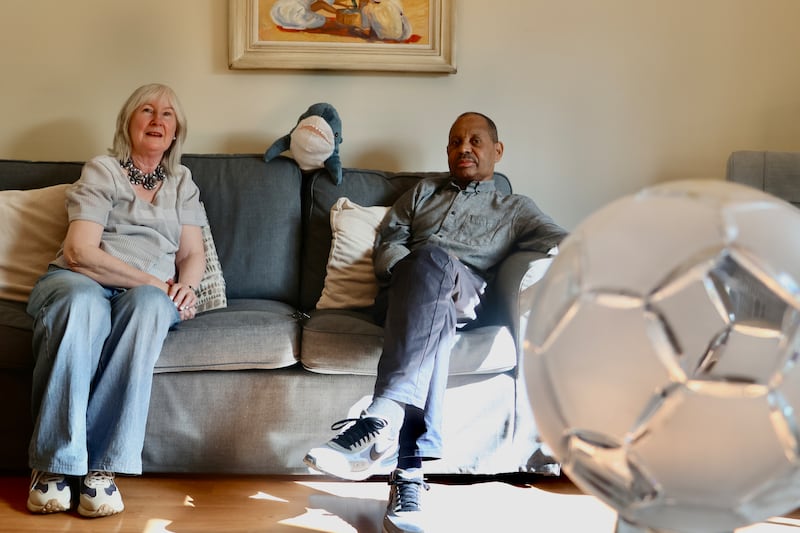 Judy and Carlos Lopes with the baby blue shark given to them by their son. The Cape Verde team are known as the Blue Sharks. Photograph: Ronan McGreevy
