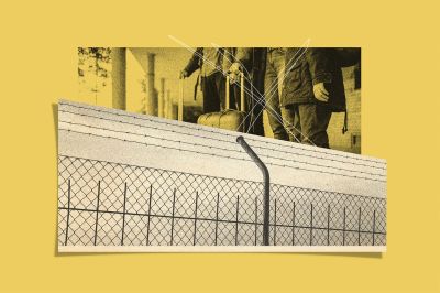 An artistic collage with a grainy texture set against a solid yellow background. The top half features a rectangular, yellow-tinted photograph showing the lower bodies of multiple people standing outside with luggage, including a rolling suitcase. White, abstract geometric lines are layered over this section. The bottom half consists of a separate, overlapping paper cutout depicting a close-up of a chain-link fence topped with several strands of barbed wire, creating a visual barrier beneath the people.