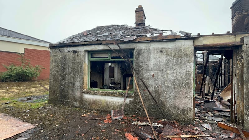 A house in the Sandyknowles area of Newtownabbey burnt out in the second night of unrest in Belfast. Photograph: PA Wire