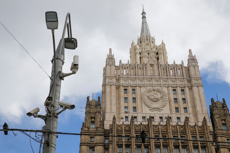 CCTV cameras on a lamp post next to the Russian foreign ministry headquarters in Moscow. Photograph: Maxim Zmeyev/AFP/ Getty Images