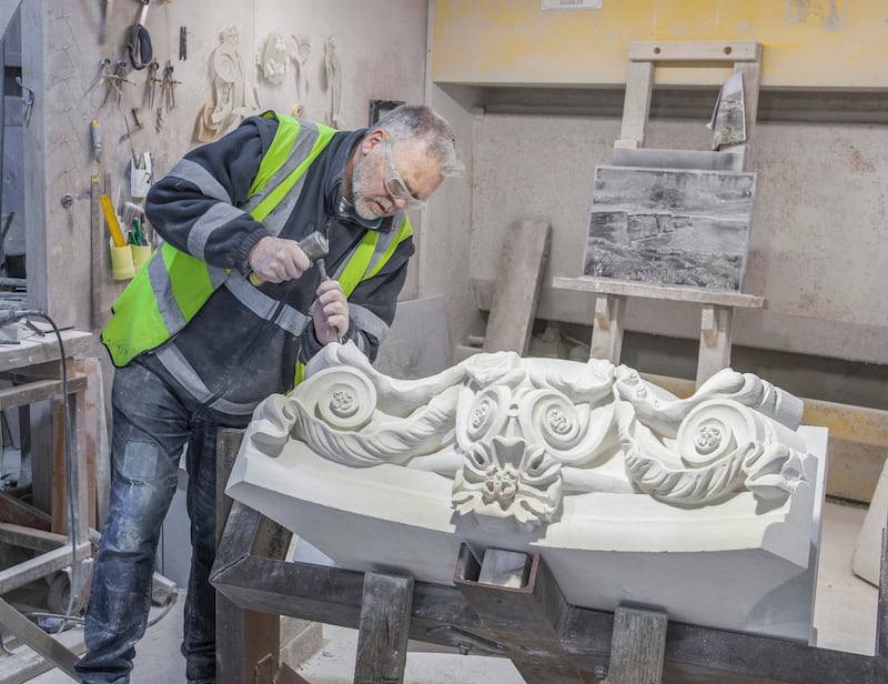 Four Courts restoration: Andy Waite carves a new capital at Irish Natural Stone in Co Clare. Photograph: OPW