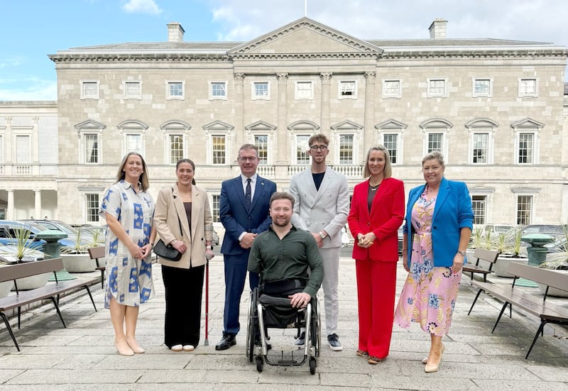 Mary O’Connor, chief executive of the Federation of Irish Sport, boxer Gráinne Walsh, Labour TD Alan Kelly, Paralympian Colin Judge, Olympian  Daniel Wiffen, Senator Evanne Ní Chuilinn and Claire Louise O’Donoghue of the Federation of Irish Sport