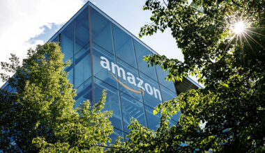The logo and lettering of global online mail order company Amazon can be seen on the façade of Amazon Germany's headquarters in Parkstadt Schwabing in Munich (Bavaria).