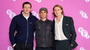 LONDON, ENGLAND - APRIL 23: Callum Turner, Mark Jenkin and George MacKay attend the preview screening and Q&A for "Rose Of Nevada" at BFI Southbank on April 23, 2026 in London, England. (Photo by Tristan Fewings/Getty Images)