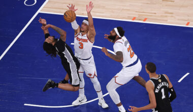 Stephon Castle #5 of the San Antonio Spurs shoots the ball against Josh Hart #3 of the New York Knicks on the final play of the fourth quarter in Game Four of the 2026 NBA Finals at Madison Square Garden on June 10, 2026 in New York City.