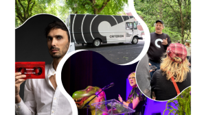 Clockwise from top: The Criterion Mobile Closet; Peter Becker, in his element; Amy Dotson at the PAM CUT fundraiser; filmmaker Robert dos Santos and his VHS.