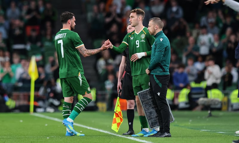 Ireland's Mason Melia replaces Troy Parrott to make his international debut. Photograph: Ryan Byrne/Inpho