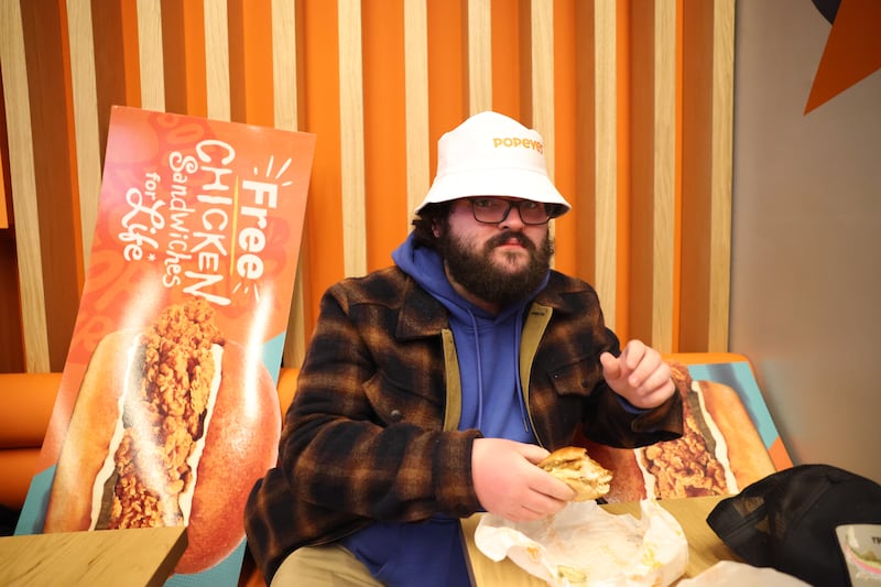 Karl Harmon arrived 26 hours before the opening of Popeyes in Blanchardsown and was awarded with a lifetime supply of free chicken burgers. Photo: Enda O'Dowd