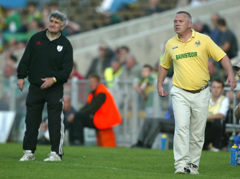Kildare manager Mick O'Dwyer (left) and Kerry manager Páidí Ó Sé on the sideline during a 2002 All-Ireland SFC qualifier. Photograph: Morgan Treacy/Inpho