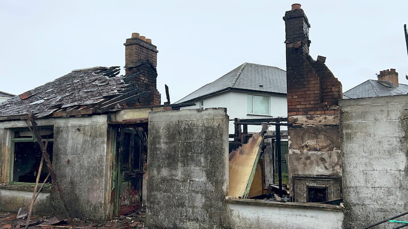 A house in the Sandyknowles area of Newtownabbey burnt out in the second night of unrest in Belfast. Photograph: PA Wire