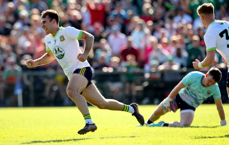 Seán Coffey celebrates scoring Meath's  second goal. Photograph: Ryan Byrne/Inpho