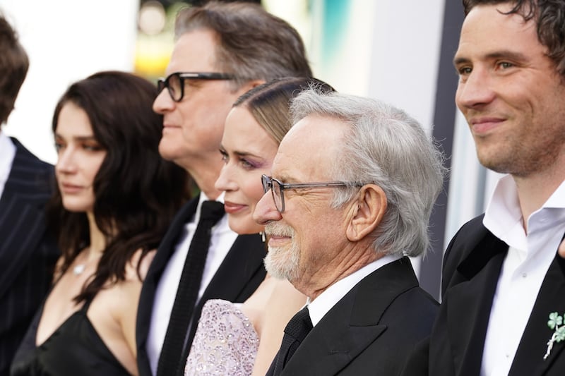 Eve Hewson, Colin Firth, Emily Blunt, Steven Spielberg and Josh O’Connor at the Disclosure Day UK premiere