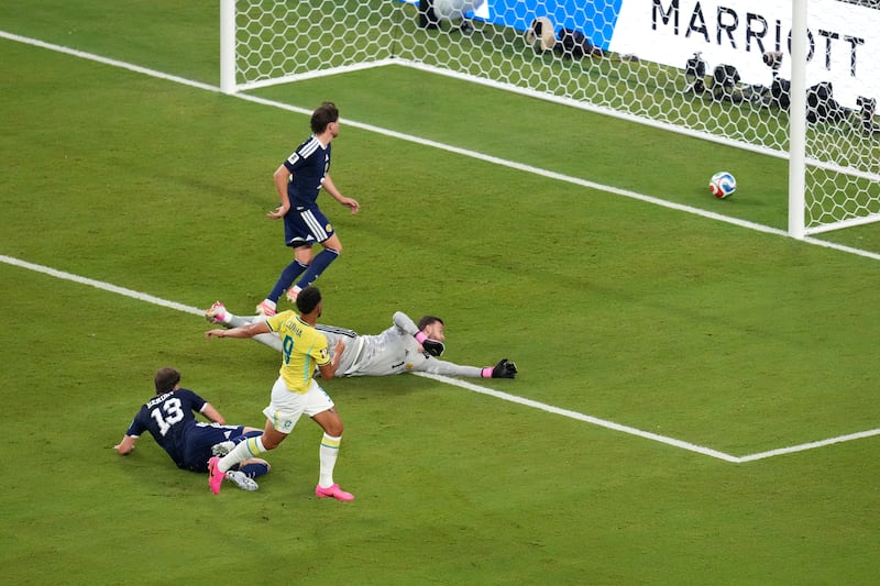 Brazil's Matheus Cunha scores his side's third goal of the game against Scotland during the Fifa World Cup 2026 Group C match at Miami Stadium, Florida. Photograph: Nick Potts/PA Wire