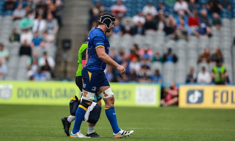 Leinster’s Caelan Doris dejected as he goes off injured. Photograph: Dan Sheridan/Inpho