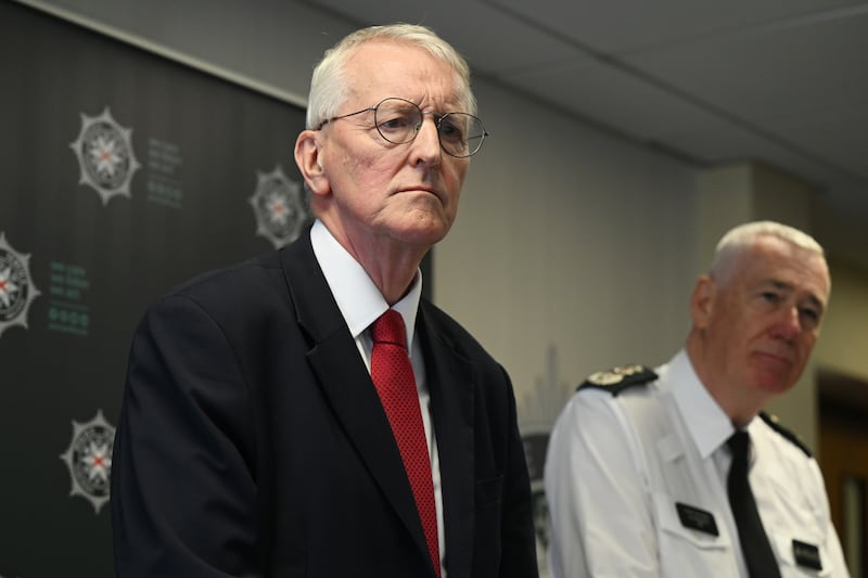 Northern Ireland Secretary, Hilary Benn, and Chief Constable of the PSNI, Jon Boutcher, at a press conference in Belfast on Wednesday. Photo: Charles McQuillan/Getty Images