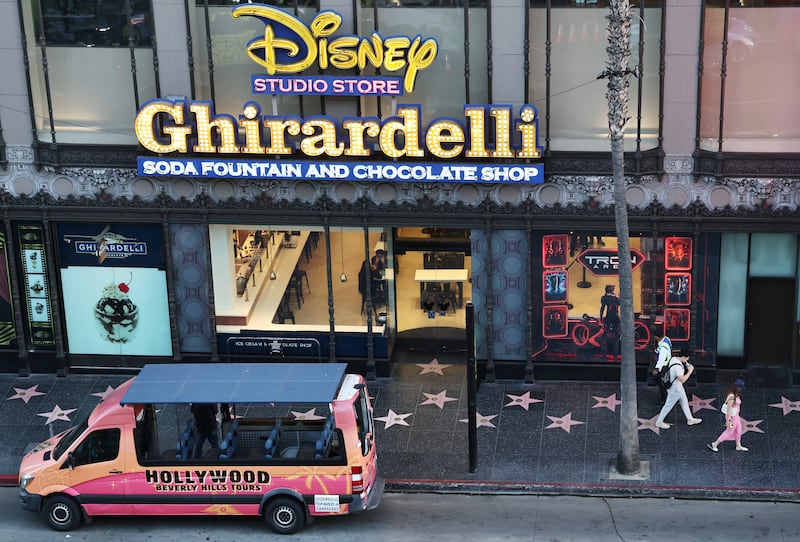 A tour bus on Hollywood Boulevard. Photograph: Mario Tama/Getty Images