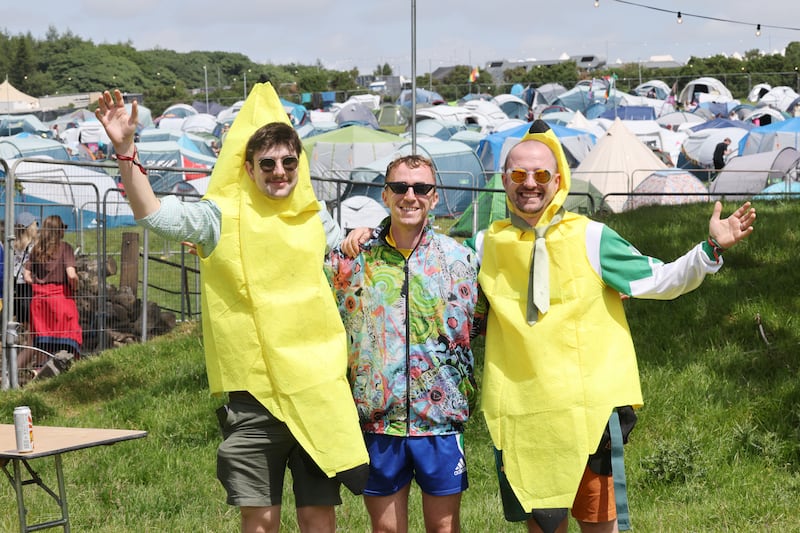 Daire Canavan, Ciaran Fitzgerald and Tom Higgins from Galway at the 2026 Beyond the Pale festival in Glendalough estate, Co Wicklow. Photograph: Alan Betson

