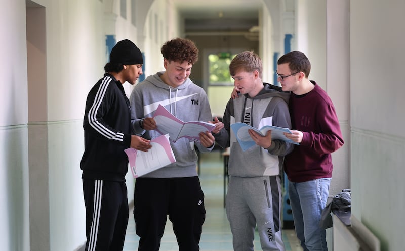Leaving Certificate students Mohamed Essam, Faris Madian, Nathan Oates and Ryan Homer following Maths paper two at Marian College, Ballsbridge, Dublin. Photograph: Dara Mac Dónaill