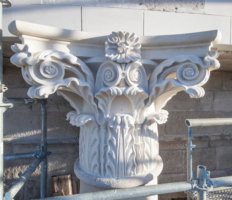Four Courts restoration: a newly carved capital in place under the dome. Photograph: OPW