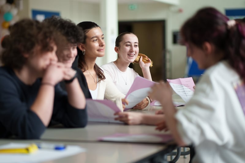 Laura Gromska and Erin Redmond Forman discuss how their Leaving Cert English paper two went at Belmayne Educate Together Secondary School. Photograph: Fran Veale