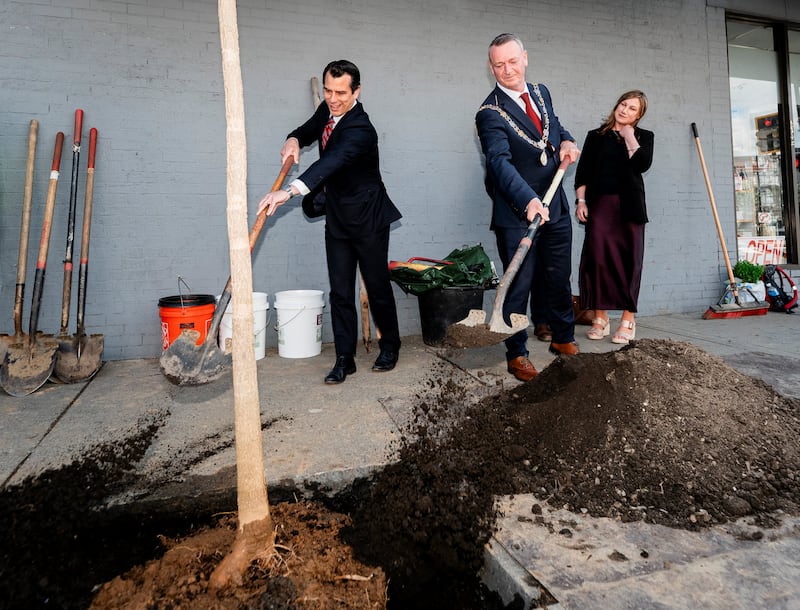 Dennehy and Nicholson throw soil on the tree. Photograph: Spenser Hasak/The Daily Item