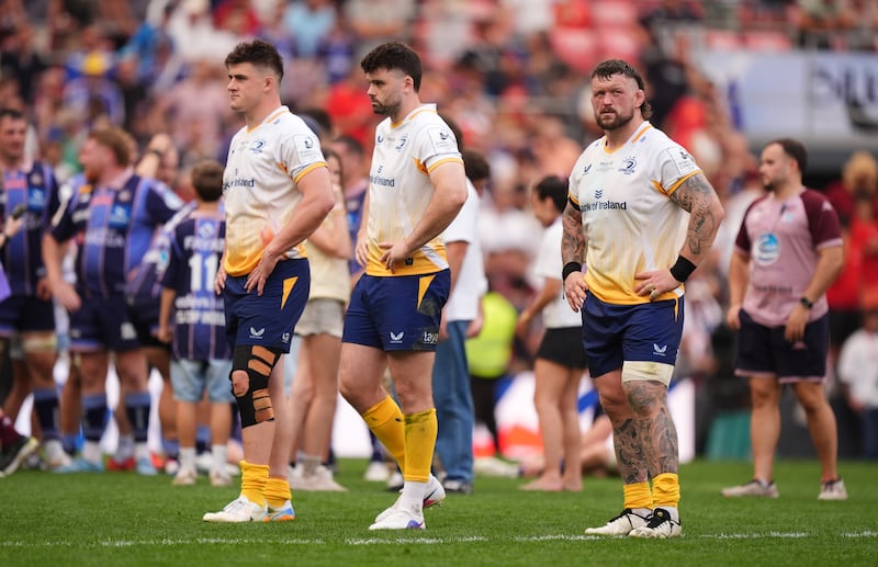 Leinster's Dan Sheehan, Harry Byrne and Andrew Porter appear dejected after the Champions Cup final. Photograph: Ben Whitley/PA
