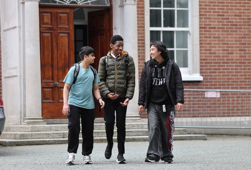 Leaving Certificate students Arjun Shenai, Jayden Muvambwi and Bat Batorshikh following Maths paper two at Marian College, Ballsbridge, Dublin.
Photograph: Dara Mac Dónaill 