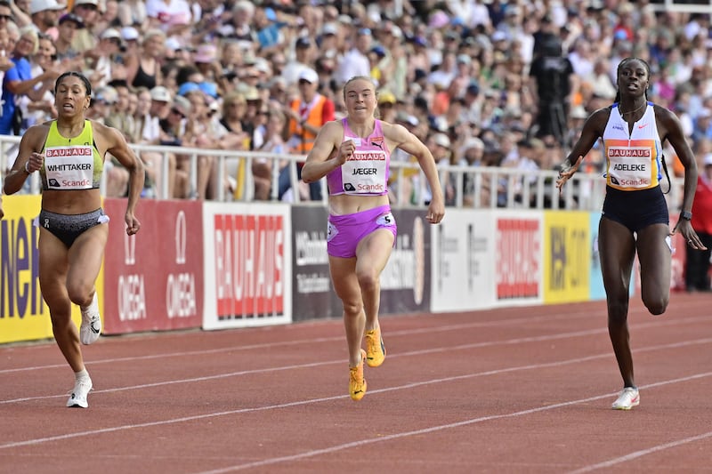 American Isabella Whittaker, Norway's Henriette Jaeger and Ireland's Rhasidat Adeleke in the women's 400m  during the Diamond League Athletics meeting in Stockholm on June 15th, 2025. Photograph: TT NEWS AGENCY/AFP via Getty Images