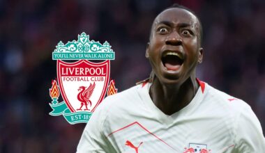 RB Leipzig star Yan Diomande next to the Liverpool badge
