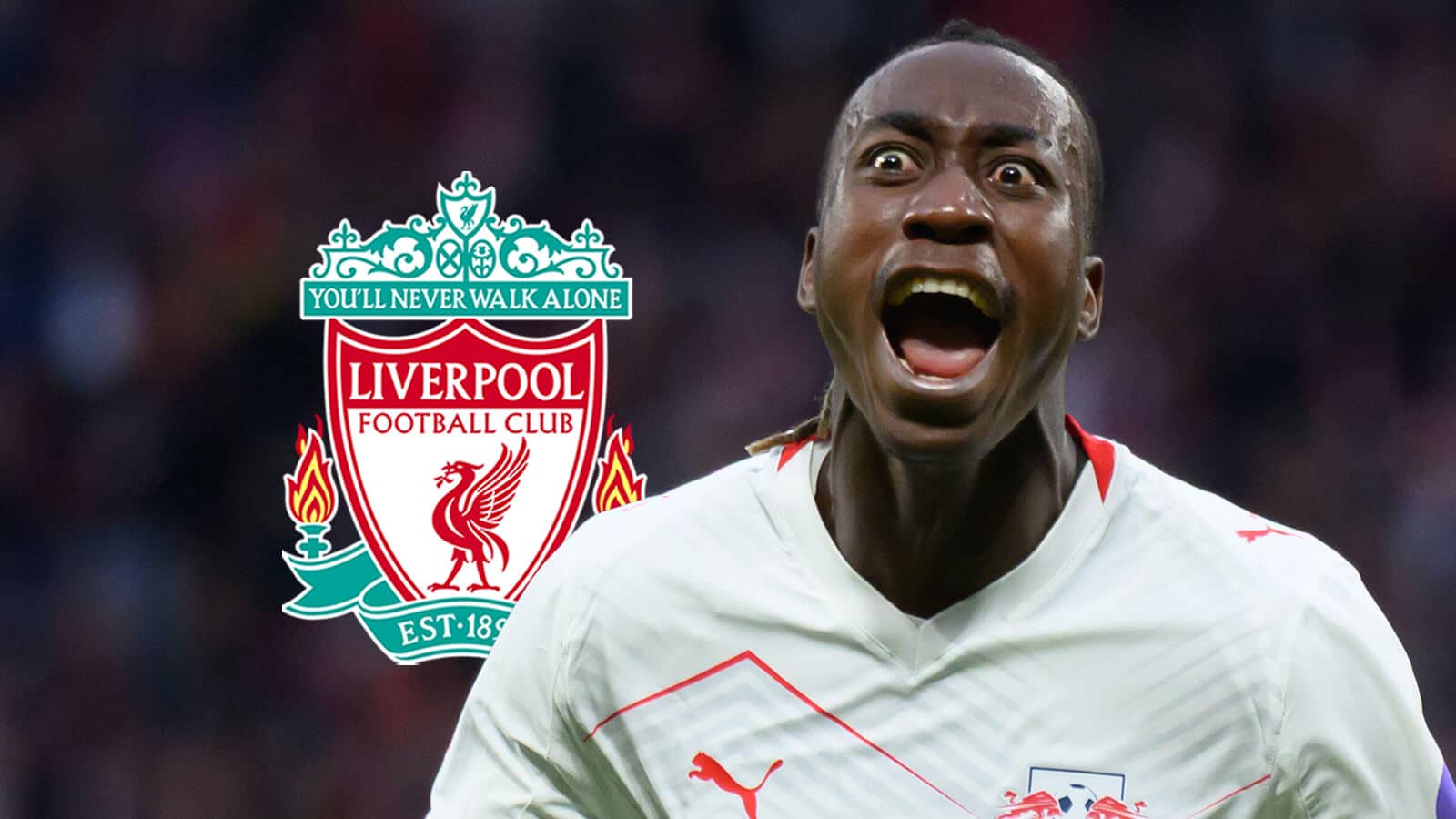 RB Leipzig star Yan Diomande next to the Liverpool badge