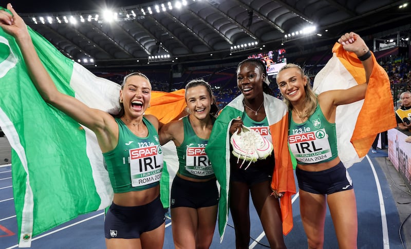 Ireland’s Sophie Becker, Phil Healy, Rhasidat Adeleke and Sharlene Mawdsley celebrate winning silver medals in the 4x400m relay final at the 2024 European Championships in Rome. Photograph: Morgan Treacy/Inpho