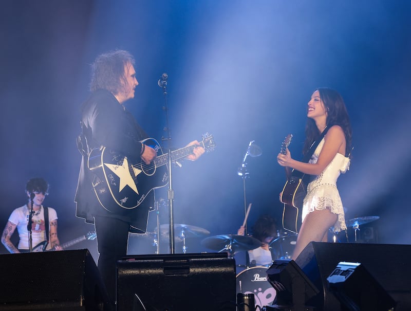Cure anthem: Olivia Rodrigo performing Just Like Heaven with Robert Smith at Glastonbury. Photograph: Kevin Mazur/Getty