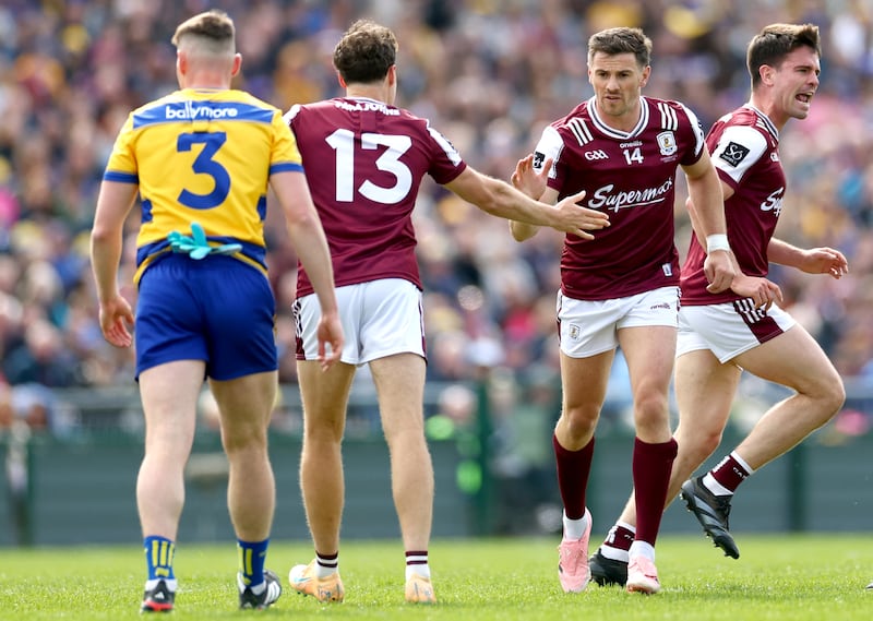 Galway’s Shane Walsh celebrates scoring a two-pointer against Roscommon in the Connacht SFC final. Photograph: James Crombie/INPHO