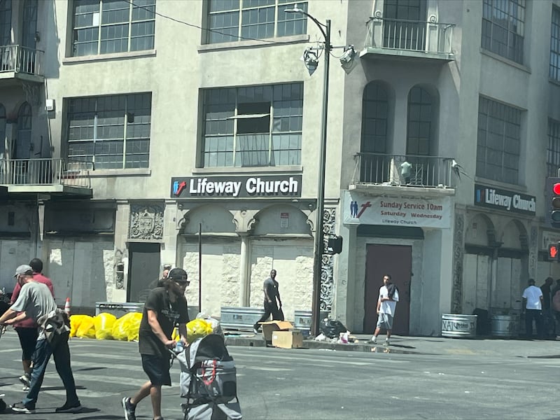 it takes about 45 minutes to drive from Hollywood Boulevard to Skid Row, a grim eight-block stretch of staggering destitution on the edge of Los Angeles. Photograph: Keith Duggan