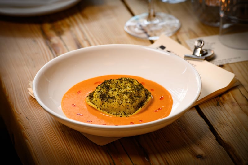 Crab raviolo, onion broth and nori. Photograph: Daragh Mc Sweeney/Provision