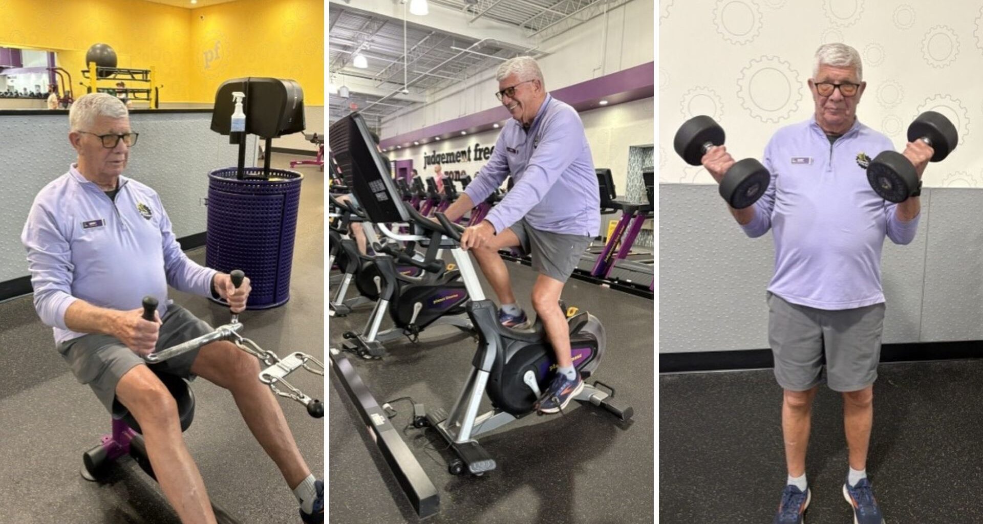 Three photos of a man using gym equipment side by side