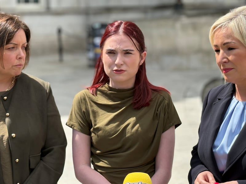 Sinn Féin MLA Deirdre Hargey, Belfast Lord Mayor Róis-Máire Donnelly and Stormont First Minister Michelle O'Neill speaking outside Belfast City Hall about the death threats issued to Donnelly. Photo: David Young/PA Wire


