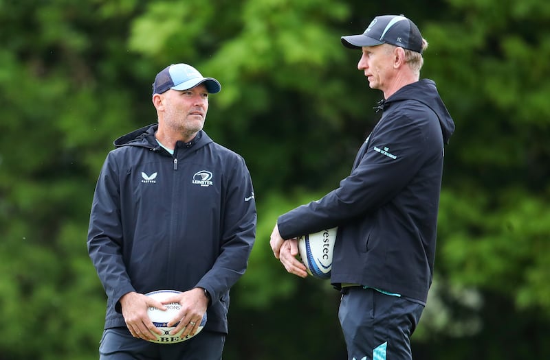 Leinster senior coach Jacques Nienaber with head coach Leo Cullen. Photograph: Grace Halton/Inpho