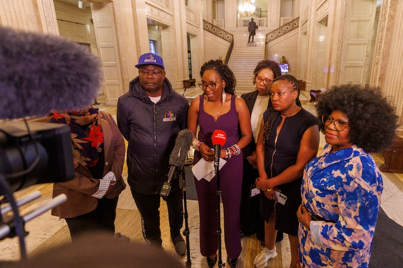 Lilian Seenoi Barr (centre) speaking to media at Parliament buildings at Stormont on Tuesday. Photograph: Liam McBurney/PA Wire