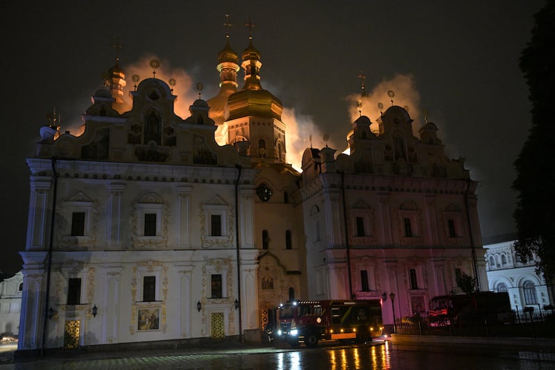 The roof of the Dormition Cathedral of the Kyiv-Pechersk Lavra was on fire during the strike. Photograph: Danylo Antoniuk/AP